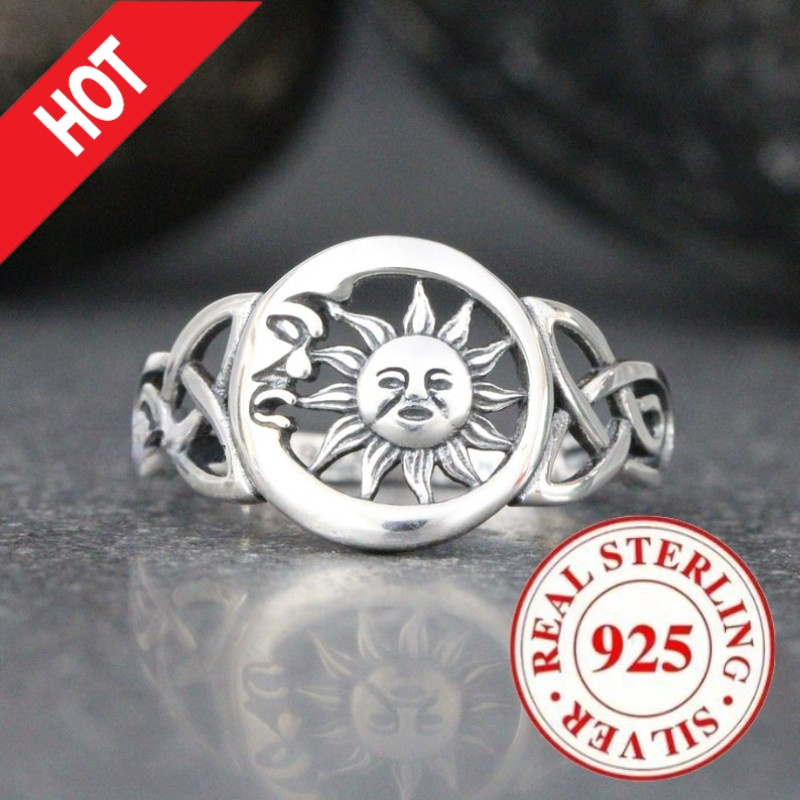 925 Silvery Retro Bohemian Moon Sun Ring for Women